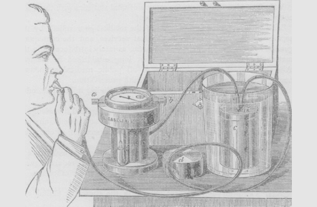 Figure 10: Casella’s spirometer from The British Medical Journal, 28 Sept. 1872, p. 356. “It is constructed on the principle of Casella’s sensitive air meter, first constructed for Dr. Parkes for measuring flow at the Netley Hospital, and now largely used in all public establishments. It consists of finely balanced circular air sail, which drives a hand over a dial, the graduations being obtained, by actual experiment, by means of machinery made for the purpose. The dial shows the force and amount of respiration and capacity of the chest.”