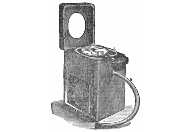 Figure 12: Victor Jagielski’s spirometer from The London Medical Record, published by Smith, Elder & Co, London, 15 July 1879, p. 293. “The instrument has three horizontal compartments, one above the other. The lowest compartment is open to view having two glass windows, and is divided by a vertical partition, on either side of which there is a round diaphragm, containing a space of 10 in³ each when expanded or filled; these two chambers can be seen working alternately during expiration and inspiration, the one contracting when the other expands.”