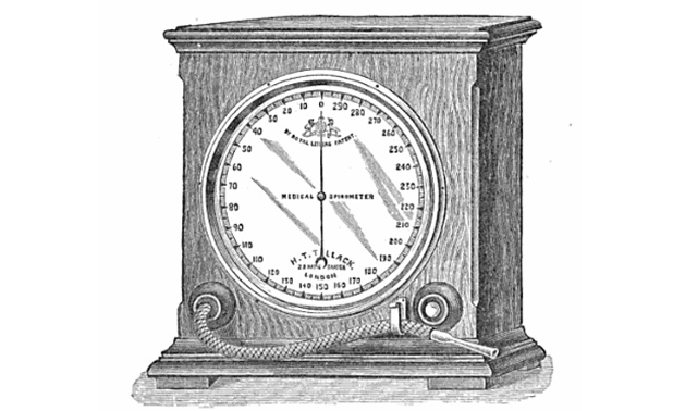Figure 14: Stanley’s spirometer from The Journal of the Royal Anthropological Society, 1891, vol. 20, p. 29. “It consists, as in the gas meter, of a light closed fan wheel, with cup fans, revolving nearly under water. The expelled air is projected into one side of the fan wheel. This side rises immediately by the minus gravity of the air to that of the surrounding water, while in the meantime another fan comes to position to receive the next quantity of expired air, and so on continuously so long as the lungs expire breath at a pressure beyond the small frictional resistance of the apparatus.”