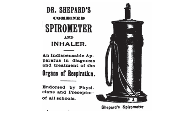 Figure 15: An advertisement in 1892 of Shepard’s spirometer from Homœopathic News: A Monthly Homœopathic Medical Journal, vol. 21, no. 1, p. 291. A water-sealed spirometer with a direct reading scale on a rod attached to the bell.