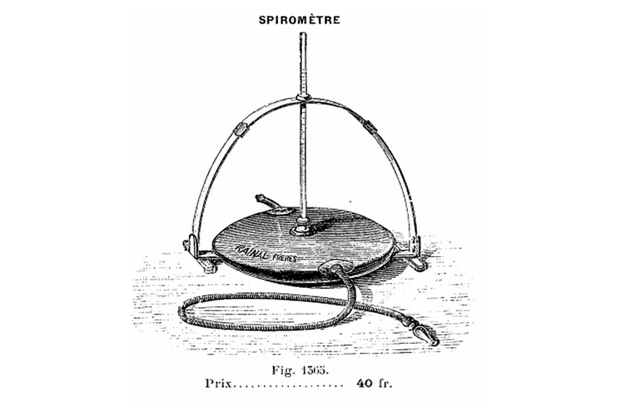 Figure 17: Boudin’s spirometer from Rainal Brothers, Leon & Jules, Medical Equipment Catalog, 1905, p. 380. Originally developed by Boudin in 1854, this spirometer consists of a rubber bulb. A rod with a scale is attached to the top and is used to measure the exhaled volume. This version was manufactured and sold in 1905.