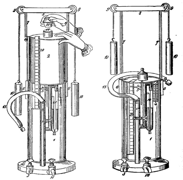 Figure 2: John Hutchinson’s spirometer from “On the Capacity of the Lungs and on the Respiratory Functions with a View  of Establishing a Precise and Easy Way of Detecting Disease by the Spirometer,” Medico-Chirurgical Transactions, pp. 137–252, 1846. Volume and issue are not available.