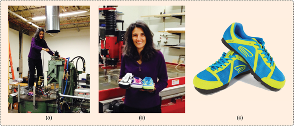 FIGURE S1 Designed for the whole body, OESH is the only shoe founded on ground-breaking, peer-reviewed medical and scientific research. With patented and proprietary technology, the OESH sole is uniquely designed to respond to the body’s natural movement. (a) Dr. Kerrigan adjusting the clamp on an injection molding machine in her factory, (b) Dr. Kerrigan ­showing shoes manufactured in her factory, and (c) the 2014 OESH La Vida Fiji’s. (Images courtesy of Casey Kerrigan.)