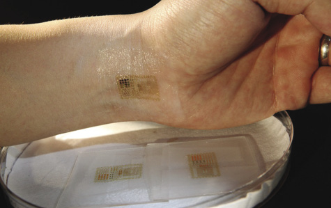 FIGURE 5 At the UIUC, John Rogers’ research group is developing stretchable nanomaterials that can be printed with electronics. The extremely thin electronic patch shown here can then be used for diagnostic or other medical purposes. (Image courtesy of the Beckman Institute of the University of Illinois.)