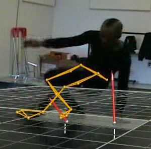 A dancer’s silhouette is superimposed over a digital simulation to determine which movements might put the dancer at risk for injury. 