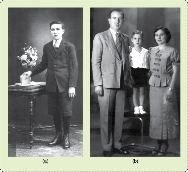 FIGURE 2: (a) Máximo II’s first communion day in Río Cuarto, probably taken in 1918, when he was an elementary school pupil in Río Cuarto. (b) From left: Máximo II, myself, and my mother, Emma Lucía Mazzulli, in Buenos Aires in 1937, after my parents were married for six years. They were established in Buenos Aires city.