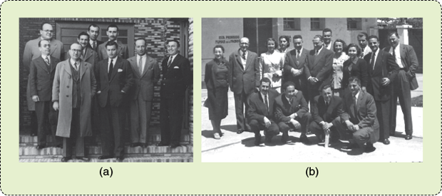 FIGURE 6: Máximo II visiting the (a) LUTETIA and (b) ELEA pharmacy laboratories in Buenos Aires with his biochemistry students and other teaching personnel of the Universidad del Litoral, Rosario City, in 1944 and 1952, respectively. (a) Máximo is in the first row on the left. (b) Máximo is the second on the left between two ladies.