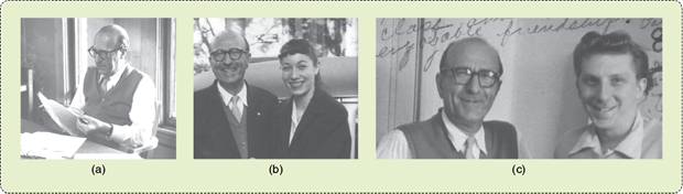 FIGURE 7: During the Chicago years: (a) Máximo II at his desk in the Committee on Mathematical Biology, University of Chicago, 1958, and with two students (b) Karen Gotts and (c) Powell Goren, also in 1958.