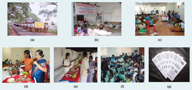 FIGURE 5: Photos from the CRDPP. (a) “Catch Them Young,” a diabetes awareness walk. (b) Attendees at one of the diabetes awareness lectures. (c) An education through bow song (Villupattu). (d) A live cooking demonstration. (e) A display of healthy foods for diabetes control. (f) A women-empowerment seminar. (g) The low-cost material provided to the participants. (Photos courtesy of Dr. Mohan’s Diabetes Specialities Centre.)