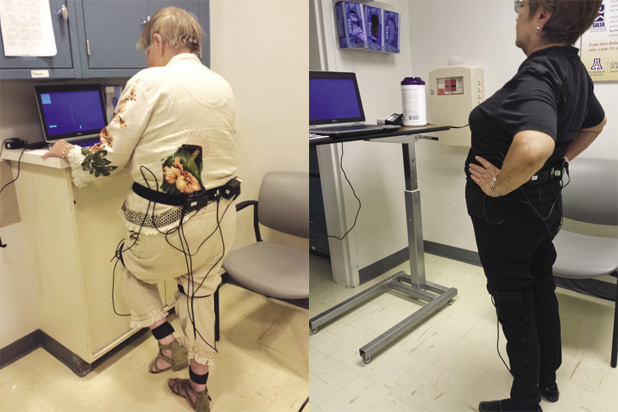 FIGURE 4 (LEFT): Diabetic patients often experience nerve problems (neuropathies) that cause a loss of feeling in the feet, which can result in issues with balance. This discourages them from engaging in physical exercise, which, in turn, can exacerbate the neuropathies that caused the loss of feeling in the first place. iCAMP researchers are developing wearable, virtual reality exercise technology (the sensor-containing devices at the waist, knee, and ankles) to help diabetic patients enhance their ability to negotiate obstacles and regain the confidence to begin engaging in physical activity again. The Boston-based start-up company, Biosensics LLC, is working to commercialize the technology for home and medical settings. (Photo courtesy of the University of Arizona College of Medicine.)  FIGURE 5 (RIGHT): This patient is using the game-based, virtual reality exercise technology to enhance her postural coordination. In this case, the technology helps diabetic patients improve the coordination of motion of their hip and ankle joints, which can then enhance balance and reduce their risk of falling. Boston-based start-up company Biosensics LLC is working to commercialize the technology for home and medical settings. (Photo courtesy of the University of Arizona College of Medicine.)