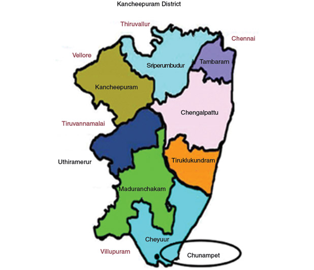 FIGURE 1: The Kancheepuram district in Tamilnadu state, India, where the CRDPP program was initiated.