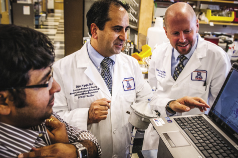 FIGURE 1: Dr. Bijan Najafi (center) and Dr. David Armstrong (right) help motivate and guide multiple SALSA and iCAMP projects that address a major global health issue: diabetic foot ulcers. Also pictured is Manish Bharara, Ph.D., a bioengineer and research assistant professor in the University of Arizona’s Department of Surgery and a member of the SALSA/iCAMP team. (Photo courtesy of the University of Arizona College of Medicine.)
