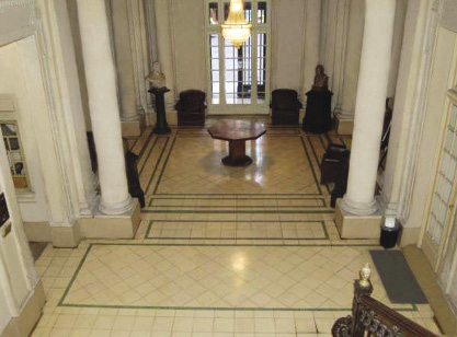 FIGURE 8: The entrance hall of the Sociedad Científica Argentina (SCA). The photo was taken high from a beautiful staircase looking down toward the main door. (Photo courtesy of the SCA, Buenos Aires.)