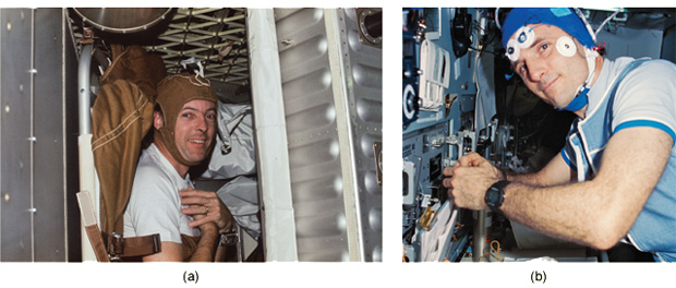 (a) Strapped into the sleep restraint aboard Skylab, Kerwin wears an instrumented cap for a sleep monitoring experiment. The experiment monitors electrical activity in the brain (electroencephalography) to evaluate the quantity and quality of sleep during prolonged space flight. (b) When Linenger went to orbit aboard Mir more than two decades later, he also donned an instrumented cap to monitor brain activity. In addition, both men slept with sensors attached to their eyelids to record rapid eye movements, another measurement of sleep quality. (Photos courtesy of NASA .)