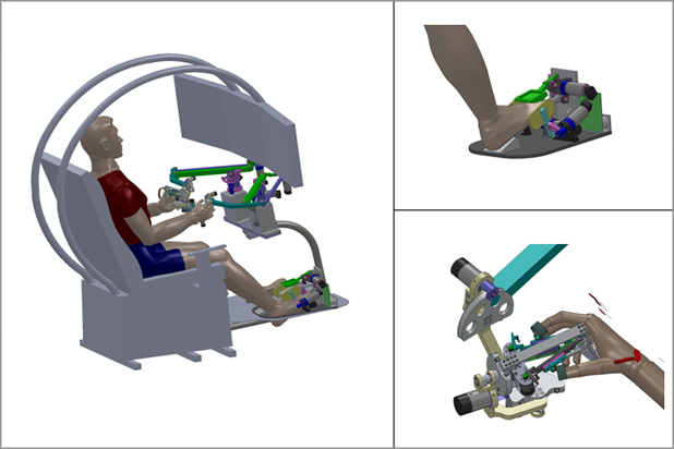 CAD rendering of the surgical console using unique hand and foot interfaces that are designed to provide the RAVEN's operator full control of the system as well as peripheral elements. 