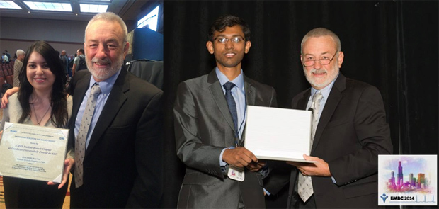 Student Chairs (LEFT) Carolina (UFABC, Brazil) receiving the Best New EMBS Student Club/Chapter Award, and (RIGHT) Anvesh Samineni (VIT Vellore, India) receiving the Outstanding EMBS Student Club/Chapter Award from the EMBS President, Bruce Wheeler. We thank both of them for their contributions to the society and congratulate the respective Chapters for their achievements.