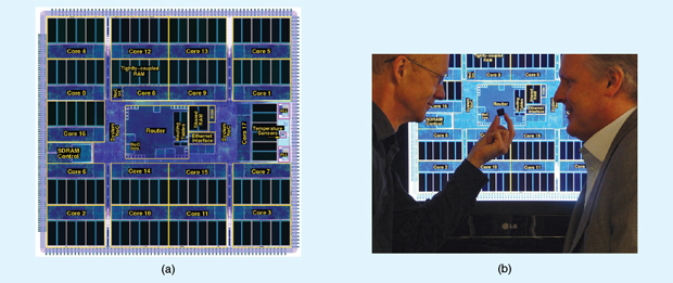 (a) A plot of the SpiNNaker chip and (b) Steve Temple (left) holding a SpiNNaker chip with Steve Furber in front of the plot. (Images courtesy of Steve Furber/University of Manchester.)