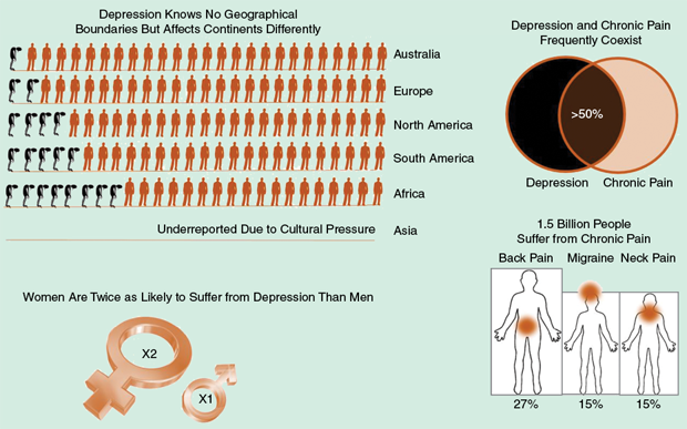 The epidemiology of depression and chronic pain, global statistics. [Graphics courtesy of the Alfred E. Mann Institute for Biomedical Engineering at the University of Southern California (AMI USC), 2014.]