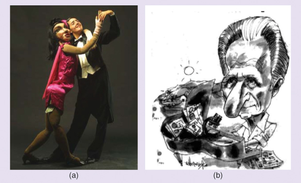 (a) Natalia Villanueva, a professional dancer dressed as a man dancing tango with a female doll during a performance. (b) An artist’s characterization of Valentinuzzi. (Images courtesy of Max E. Valentinuzzi.)