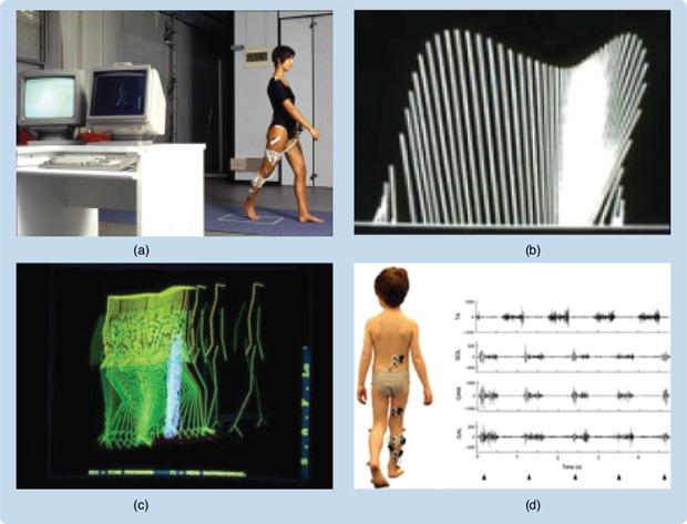 FIGURE 1 - Multifactor analysis of gait: (a) three-dimensional (3-D) IR motion capture [10], (b) a force plate providing butterfly diagrams [11], (c) a multimodal 3-D representation, and (d) a wireless surface electromyography (SEMG)