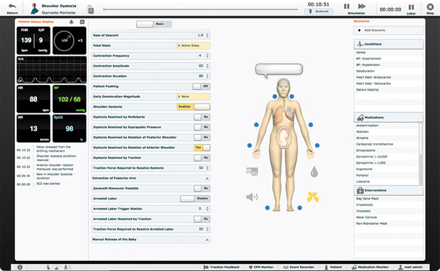 FIGURE 3 - Lucina’s software interface during a shoulder dystocia simulation. (Image courtesy of CAE Healthcare.)