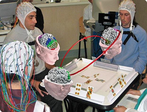 FIGURE 4 - The estimation of functional cortical connectivity hyperlinks between different subjects by using hyperscanning techniques.