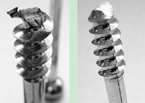 Figure 4 A damaged screw and a properly cut screw tip from the latest version of the screw cutter.