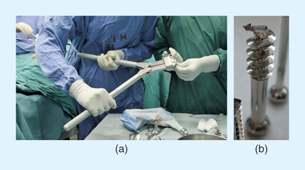 Figure 5 (a) A standard bolt cutter used during an operation in Uganda. (b) A damaged screw as a result of the bolt cutter usage.