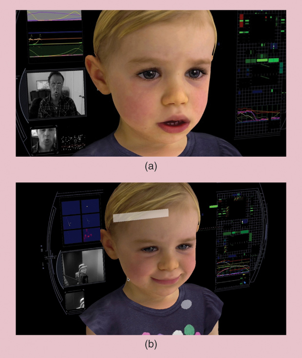 Figure 2: (a) A sensorimotor learning session in which BabyX learns to associate its expression with the user. (b) Learning to play the classic video game Pong through action discovery and reinforcement learning. (Photos courtesy of the Laboratory for Animate Technologies.)