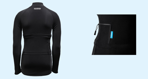 FIGURE 3: The Hexoskin shirt: right, detail showing the pocket for a monitoring device. (Photo courtesy of Hexoskin.)