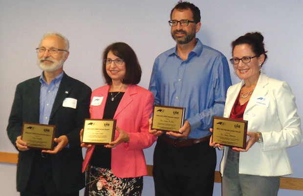 The recipients of the Eastern North Carolina Section 2015 EMBS Life Sciences Awards (from left): Dan Fuccella, Cynthia Sollod, Andrew DiMeo, and Elizabeth Loboa, associate chair, Joint UNC–NCSU Department of BME (receiving the award for Nancy Allbritton).