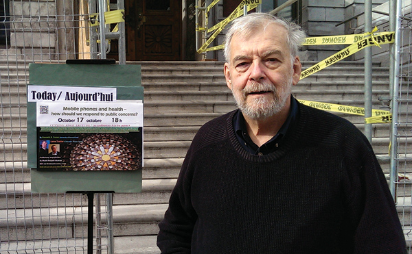 Kenneth R. Foster stands in front of the Redpath Museum in Montreal, Quebec, Canada, where he presented a lecture in 2013 responding to public concerns about cell phones. New wearable technologies deliver far less electromagnetic radiation than cell phones, but the FCC still imposes on the devices what he calls “ridiculously overly conservative” limits on specific absorption rate in the body. (Photo courtesy of Kenneth R. Foster.)