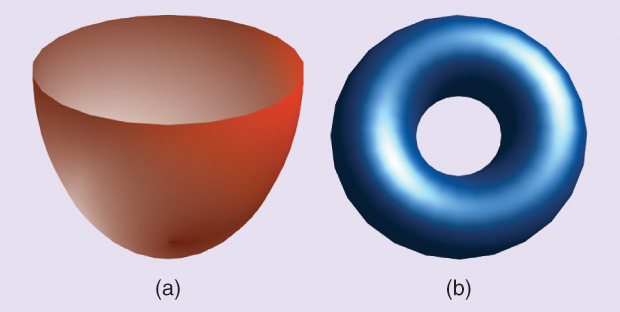 Figure 4: Examples of three-dimensional manifolds: (a) a cup or shell and (b) a torus.