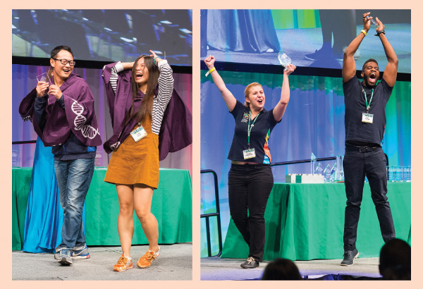 Students celebrate during the fall 2015 iGEM Giant Jamboree. iGEM started as an MIT course developed by computer engineer and synthetic biologist Tom Knight, who wondered whether it was possible to build biological systems from discrete “parts” in the same way computer systems are built from circuits. (Photo courtesy of the iGEM Foundation and Justin Knight.)