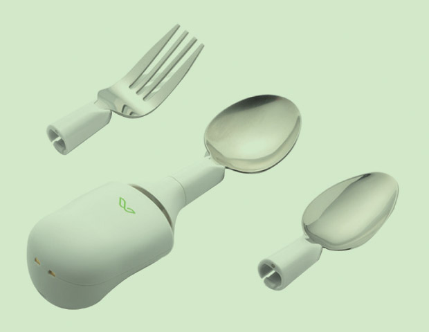 Figure 2: Liftware is a set of eating utensils that snap into a computerized handle designed to steady the utensil for people who have essential tremor. (Photo courtesy of Liftware.)