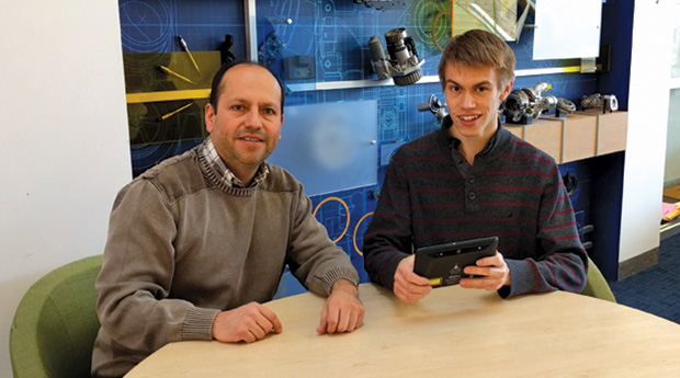 Figure 7: Lauro Ojedo (left), who coordinates low-vision projects at the University of Michigan, and student Tim Wesley use a Google Tango device and its 3-D camera to get real-time range measurements of the surrounding environment. (Photo courtesy of Lauro Ojedo.)