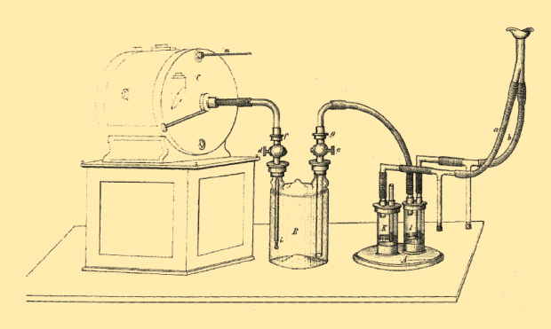 Figure 2: Max von Pettenkofer and Carl von Voit’s respiration apparatus of 1866. A mouthpiece (upper right) was attached via tubing (a and b) to a pair of Müller valves (cylinders K and l slightly below and to the left of the mouthpiece) so that exhaled air was directed through a chamber (E) containing caustic soda (potassium hydroxide), which absorbed CO2, and from there went to a precision gas meter. Müller and Co. has a long history. In 1857, Hieronymus Müller arrived in Decatur, Illinois, and opened a business, thereafter developing several water and gas patents.