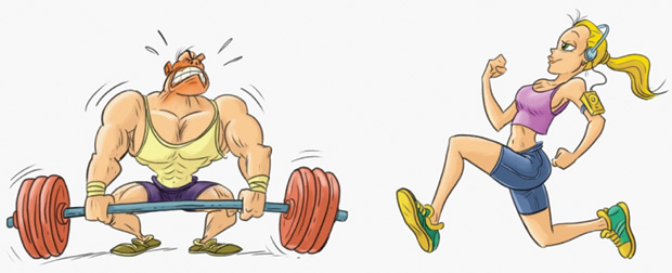 Figure 15: Two athletes (Big Guy John—not to be confused with the Big John in Figure 14—and Fabi Gal) exercising and consuming exactly the same number of calories. (Drawings by Gustavo Idemi.)