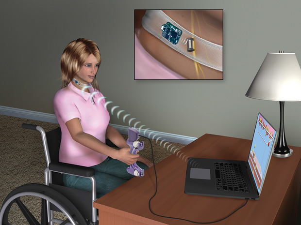 Figure 3: A prototype vagus nerve stimulator remotely powered by a necklace with an RF coil (inset). (Image courtesy of the Texas Biomedical Device Center at UT Dallas.)