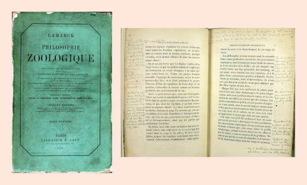 Figure 2: The cover (left) and several pages of Philosophie Zoologique, Nouvelle Edition, 1873, originally published in 1809, showing handwritten notes of an unknown reader (right). This book contains the earliest account of a cohesive theory of the evolutionary process. (Downloaded from http://www.joh.cam.ac.uk/philosophie-zoologique-jeanbaptiste- lamarck-1809-0; used with permission.)