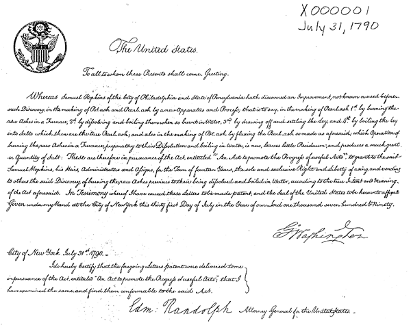 U.S. Patent No. 1 (re-numbered as Patent No. X1 after the Great Patent Fire of 1836). Wikimedia Commons.