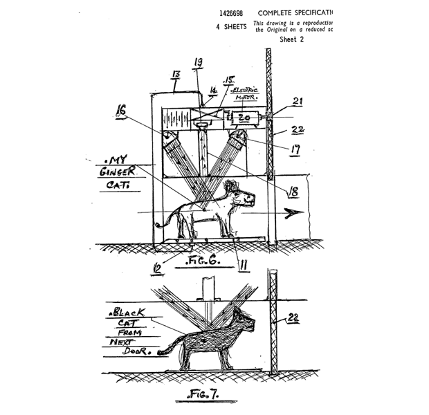 Figure 2: A figure from Arthur Pedrick’s patent filing depicting a selective cat flap control.