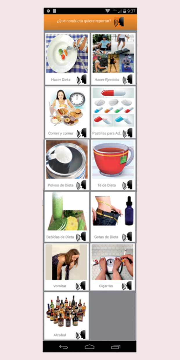Figure 6: Connelly collaborated with Karen Stein of the University of Rochester to develop an app to understand eating disorders among low-income Mexican immigrant women in the United States. The app’s behavior-selection screen (shown here) includes icons for methods of losing weight, such as using diet powders (polvos de dieta) or drinks (bebidas de dieta), purging (vomitar), and smoking (cigarros). (Image courtesy of Katherine Connelly.)