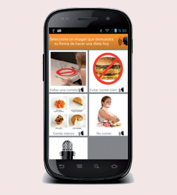 Figure 7: The eating-disorder app also includes a screen that focuses on associated dietary methods of losing weight, such as skipping a meal (saltar una comida), avoiding eating certain foods (evitar comer ciertas), eating less (comer menos), and not eating (no comer). For each behavior, the user clicks on an icon. The app also includes written descriptions of each icon as well as an option that plays an audio recording of the text, which is useful for users who have low literacy skills. (Image courtesy of Katherine Connelly.)
