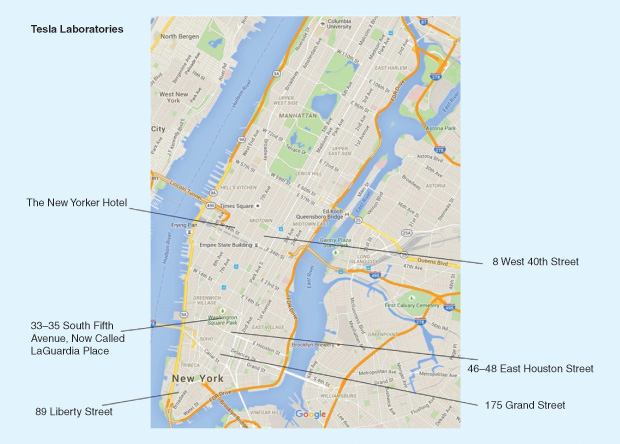 Figure 3: A map marking the place of Nikola’s last residence, The New Yorker Hotel (he never rented or owned an apartment or a house), and five locations where he had laboratories in downtown Manhattan. We suggest that the reader go to an online map for a larger view, since this page has obvious limitations; it is presented merely for orientation.