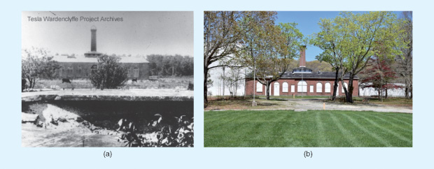 Figure 7: The Tesla Science and Technology Center and Museum on Long Island. (a) The remains of the Tesla Tower base and laboratory building at Wardenclyffe after removal of the tower can be seen [19]. (b) A picture taken April 2016 by daniel cervantes of what was the original tower base. This tower (1901–1917), also known as the Tesla Tower, was an early wireless transmission station designed and built by Tesla in Shoreham, New York, in 1901–1902. He intended to transmit messages, telephony, and even facsimile images across the Atlantic to England and to ships at sea, based on his theories of using the earth to conduct the signals. The tower stood 57 m tall and had a shaft that extended 37 m below ground with radiating tunnels to “get a grip on the earth” [20]. (Photo courtesy of Daniel Cervantes.)