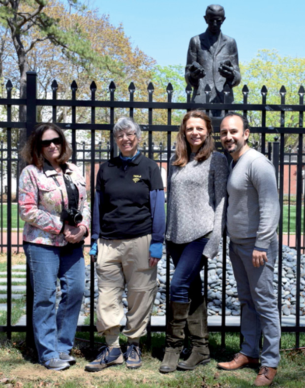 Figure 9: Jane Alcorn and Margaret Foster of the Tesla Science Center with Daniel Cervantes and his wife Elena Castro, April 2016. Tesla’s statue is pictured in the background. (Photo courtesy of Daniel Cervantes.)