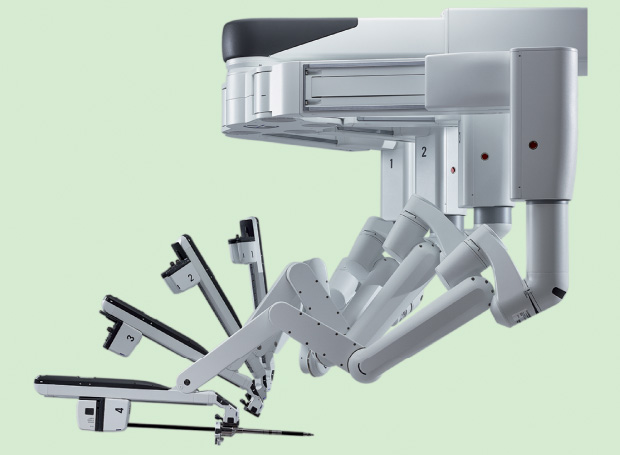 Figure 4: Shown here with arms splayed, the da Vinci Xi surgical system includes an overhead instrument arm architecture, compact endoscope design with enhanced visual definition and clarity, and small, thin arms with joints that offer great range of motion. (Photo courtesy of Intuitive Surgical, Inc.)