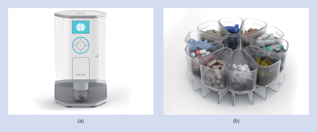 Figure 7: (a) About the size of a coffeemaker, HERO is designed to store, sort, and correctly dispense medications, vitamins, and other pills, regardless of their size or geometry. (b) It contains ten cartridges, into which the patient or caregiver simply pours the pills. (Photo courtesy of HERO Health LLC .)
