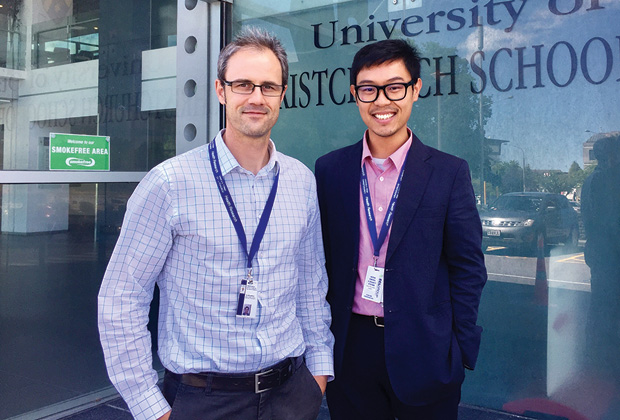 Figure 1: Prof. Tim Woodfield (left) and research fellow Khoon Lim of the CReaTE Group at the University of Otago, Christchurch, New Zealand. In 2016, Lim made a breakthrough in the use of visible light chemistry, rather than ultraviolet light, to cross-link bioinks being developed at Woodfield’s lab. (Photo courtesy of the CReaTE Group.)